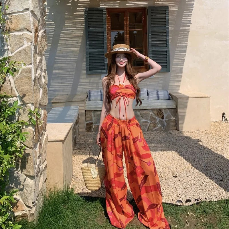 Tulum Tropical Halter Top & Wide-Leg Trousers Co-Ord Set