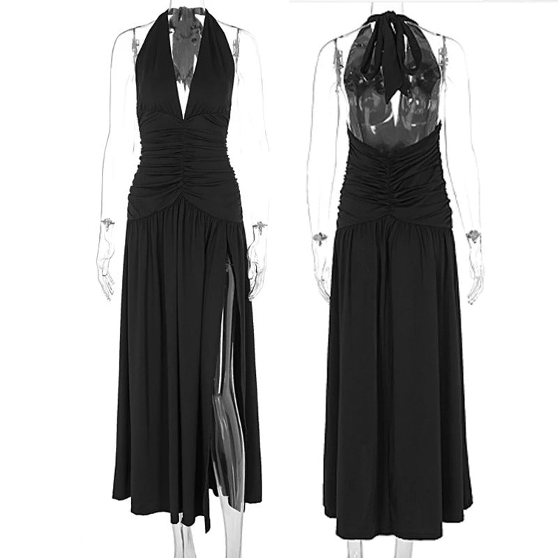 Giana Plunging Halter Neck Pleated Maxi Dress