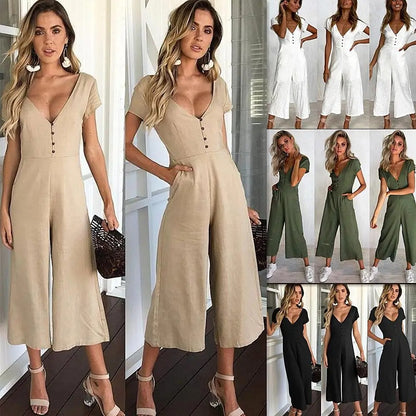 Clara Button-Front V-Neck Cropped Jumpsuit
