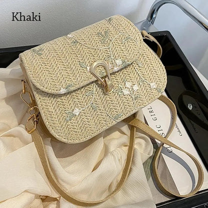 Daisy Floral Embroidered Straw Crossbody Bag