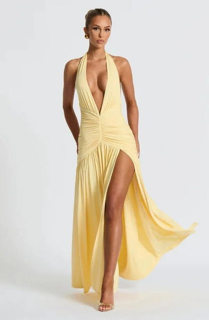 Giana Plunging Halter Neck Pleated Maxi Dress