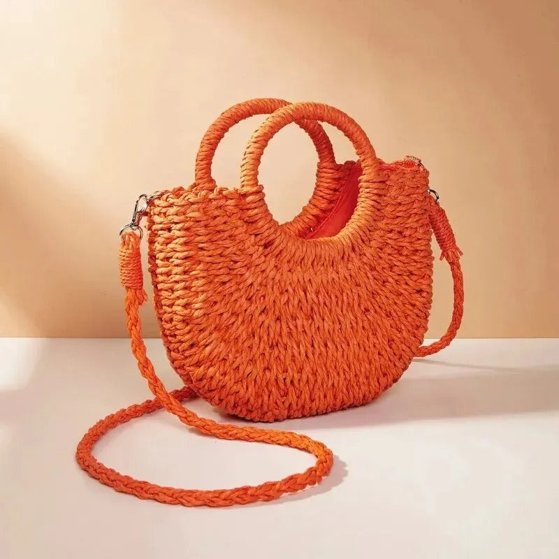 Amara Handwoven Straw Half-Moon Crossbody Bag