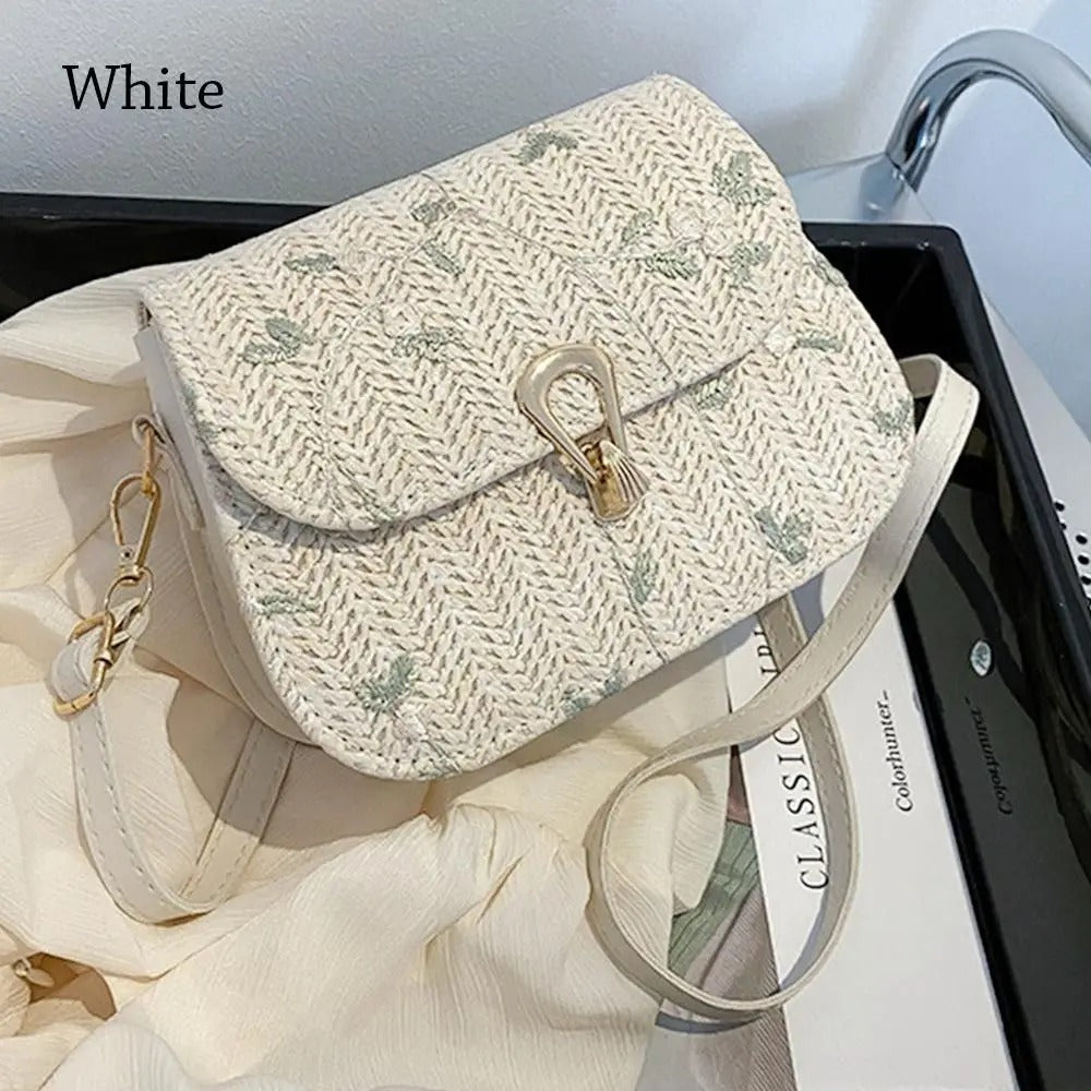 Daisy Floral Embroidered Straw Crossbody Bag