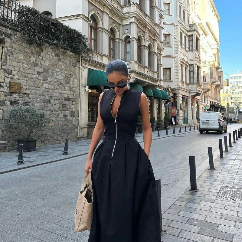 Sienna Front-Zip Sleeveless Maxi Dress