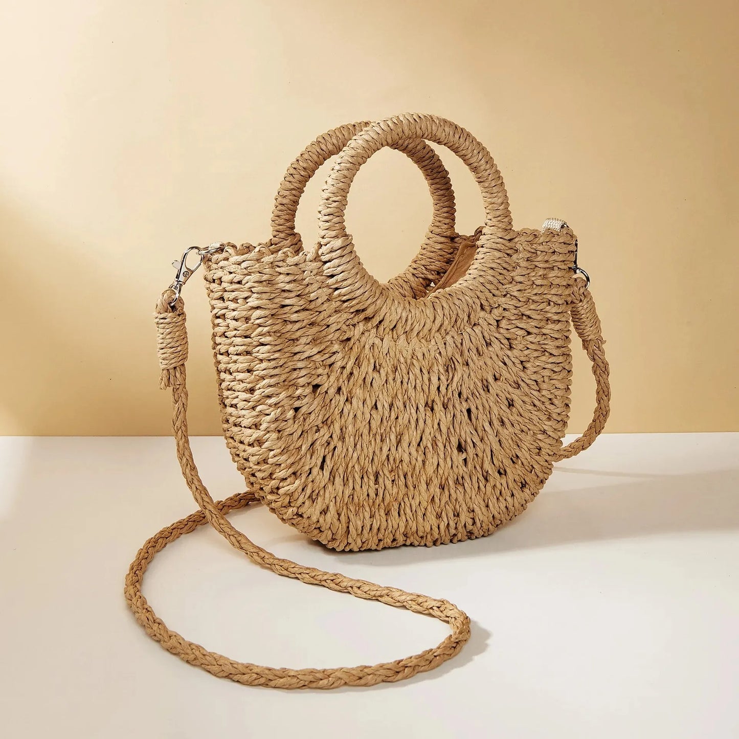 Amara Handwoven Straw Half-Moon Crossbody Bag